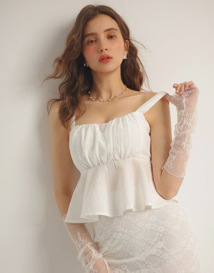 Striped Textured Wide Strap Flowy Crinkled Peplum Top