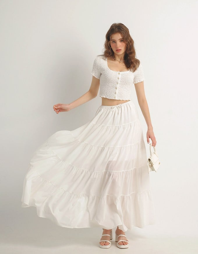 Crinkled Textured Button Down Scoop Neck Cropped Top