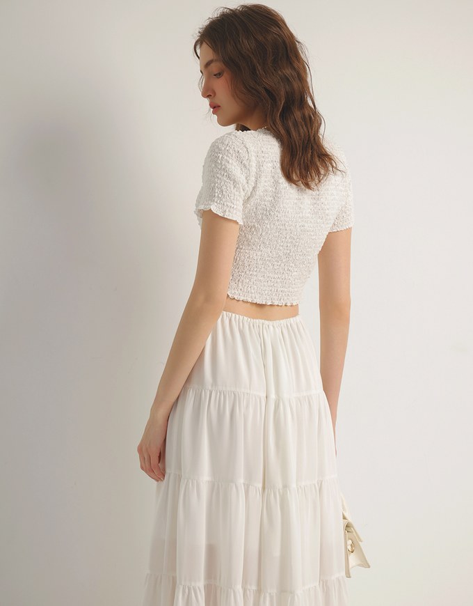 Crinkled Textured Button Down Scoop Neck Cropped Top