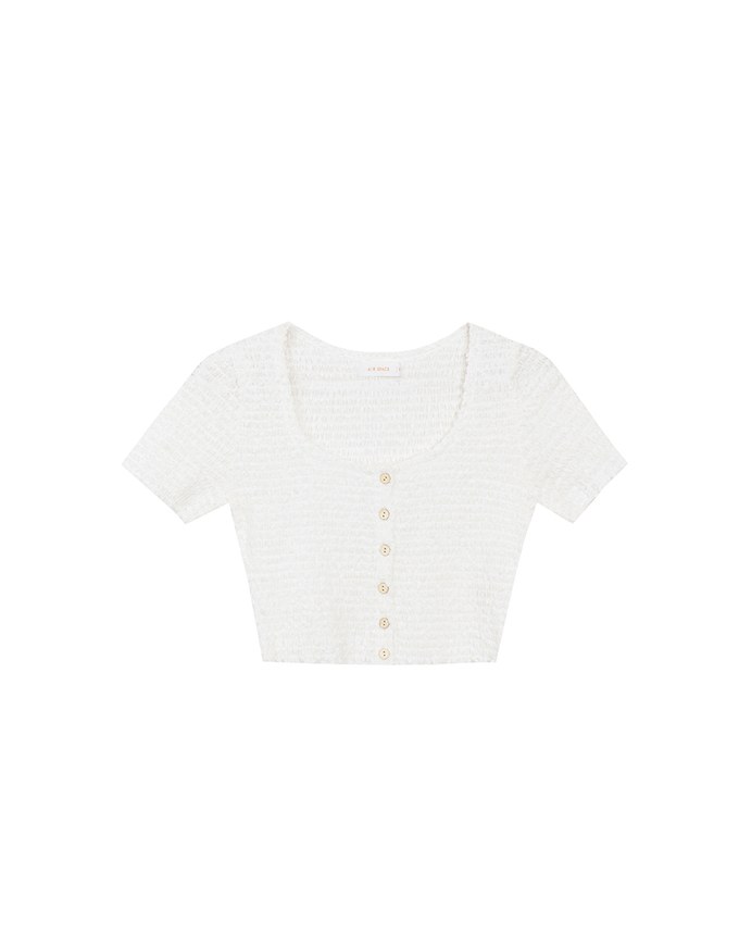 Crinkled Textured Button Down Scoop Neck Cropped Top