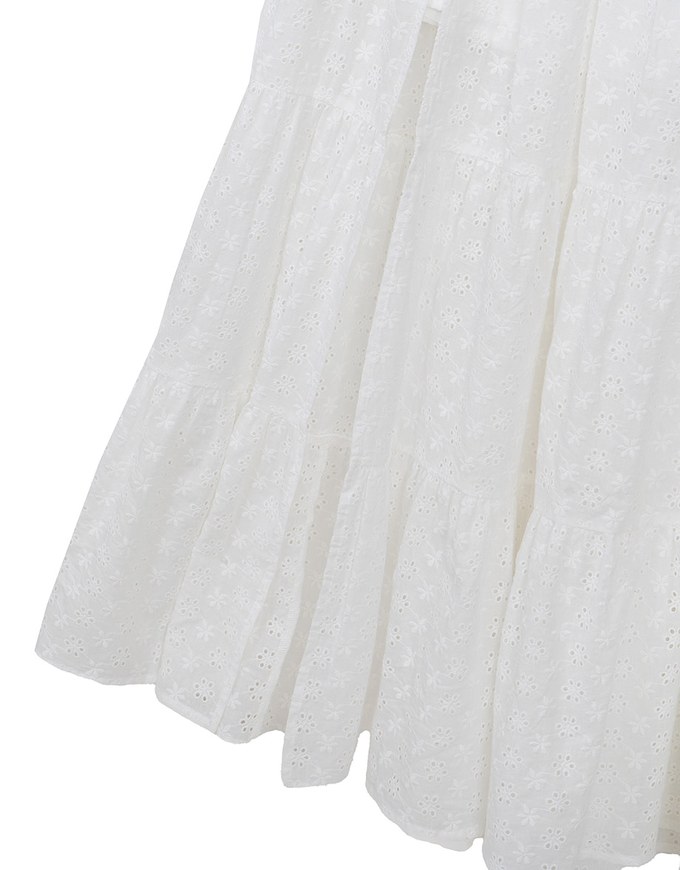 Lace Embroidered Shirred Detail Tiered Maxi Skirt