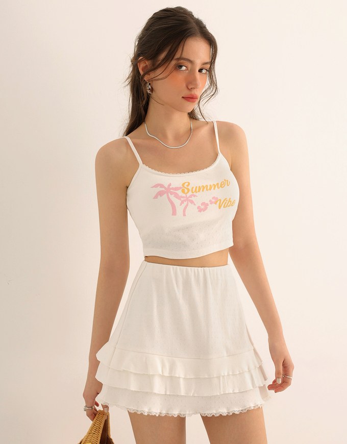 Tiered Ruffle Mini Skirt with Lace Trim Hem