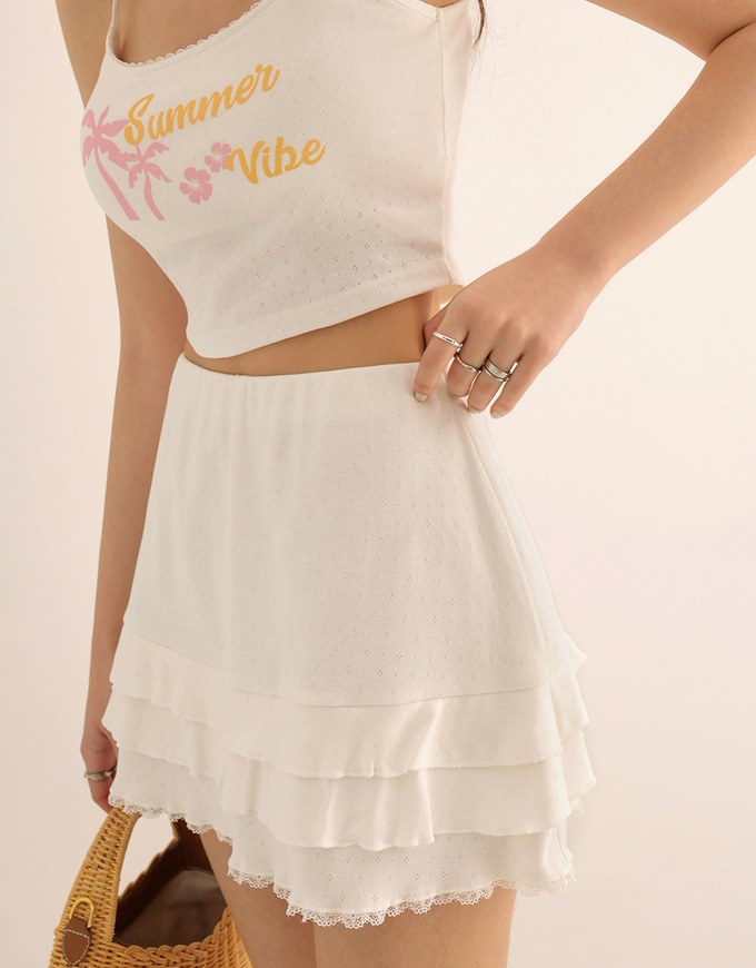 Tiered Ruffle Mini Skirt with Lace Trim Hem