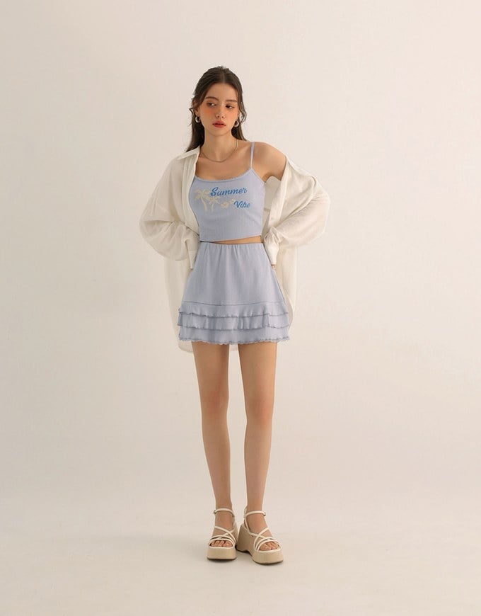 Tiered Ruffle Mini Skirt with Lace Trim Hem