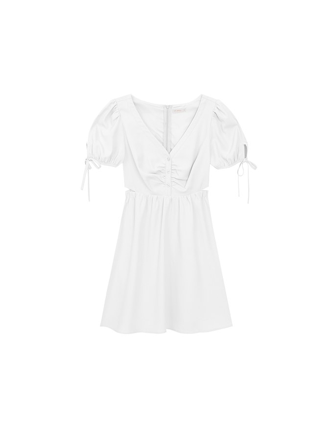 Buttoned V Neck flare Mini Dress with Cut Out Waist and Puff Sleeves Detail