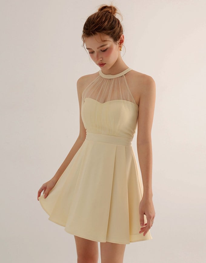 Sweetheart Neckline Padded Mini Dress with Sheer Mesh Halter Panel
