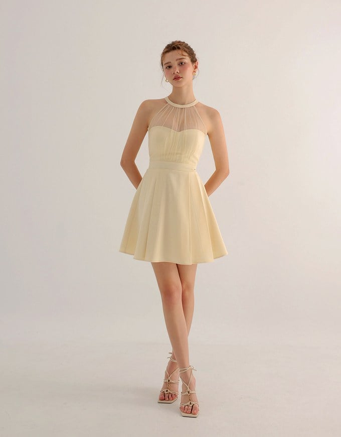 Sweetheart Neckline Padded Mini Dress with Sheer Mesh Halter Panel