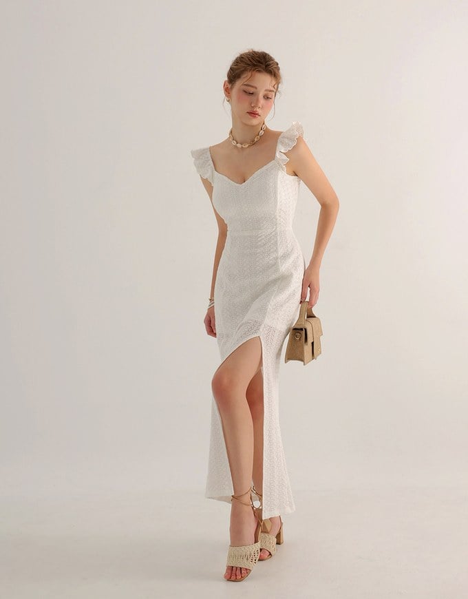 Ruffle Strap Flowy Lace Padded Maxi Dress with Side Slit Design