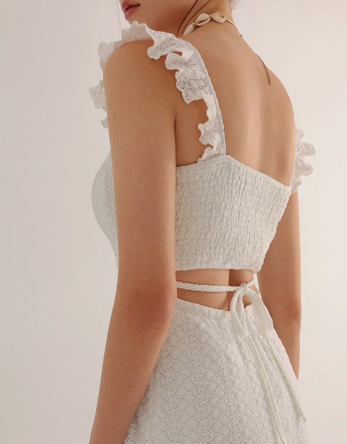 Ruffle Strap Flowy Lace Padded Maxi Dress with Side Slit Design