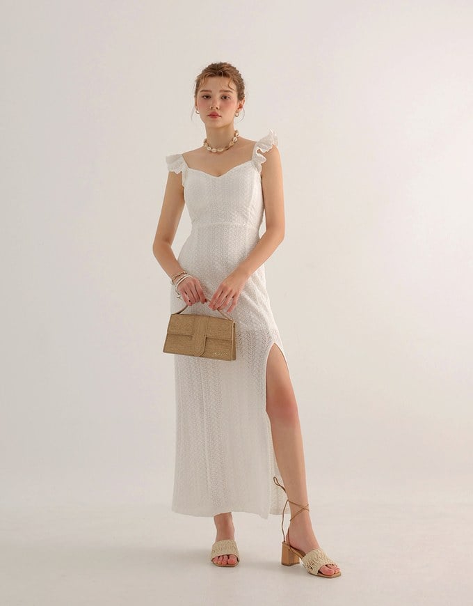 Ruffle Strap Flowy Lace Padded Maxi Dress with Side Slit Design