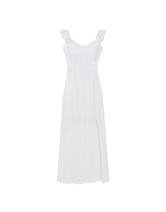 Ruffle Strap Flowy Lace Padded Maxi Dress with Side Slit Design