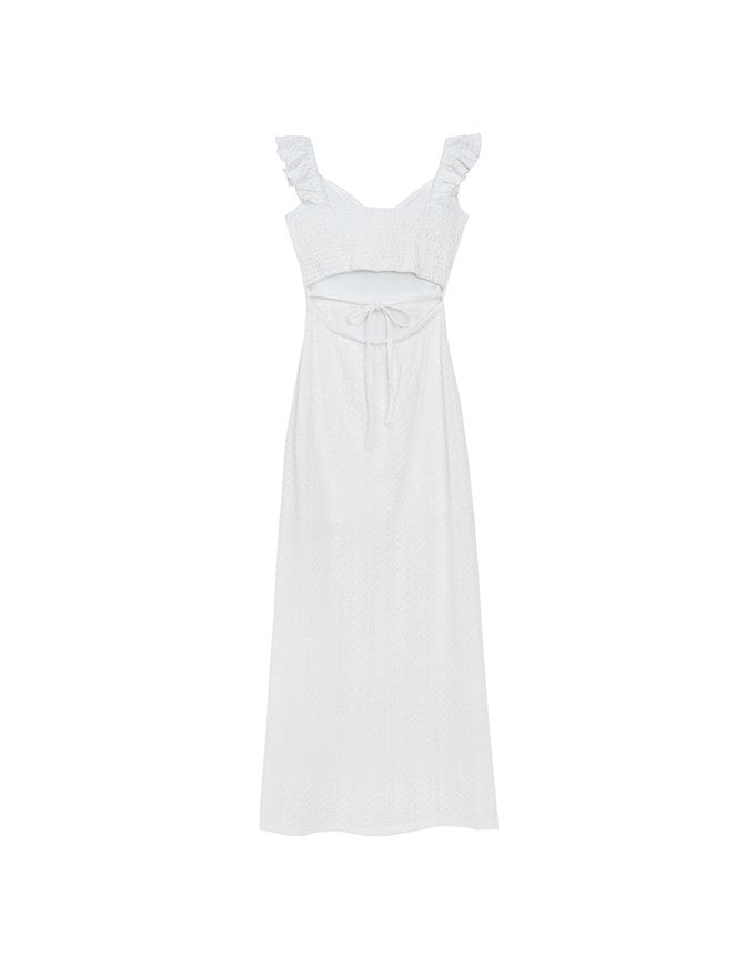 Ruffle Strap Flowy Lace Padded Maxi Dress with Side Slit Design