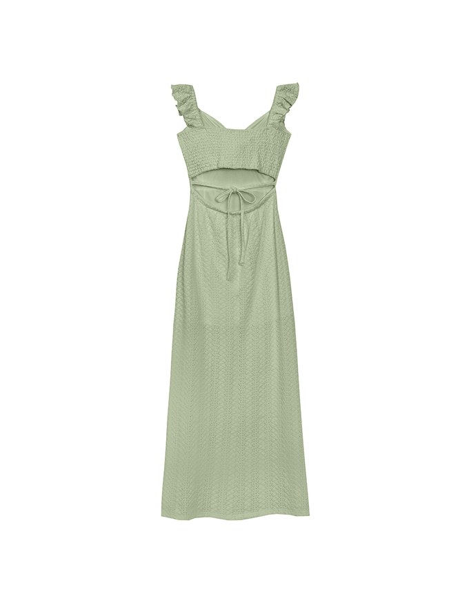 Ruffle Strap Flowy Lace Padded Maxi Dress with Side Slit Design