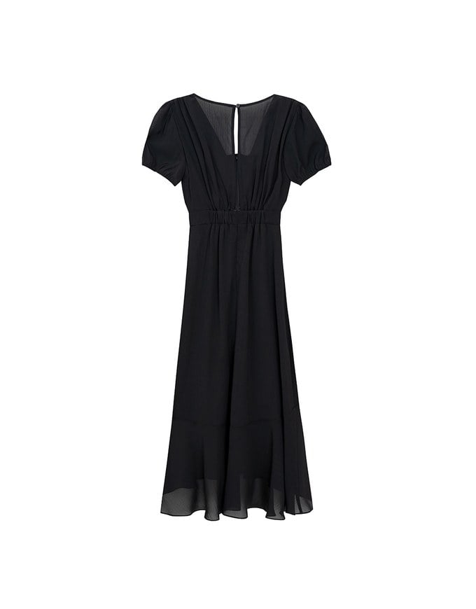 V Neck Sheer Puff Sleeve Padded Maxi Dress with Draped Asymmetrical Hemline