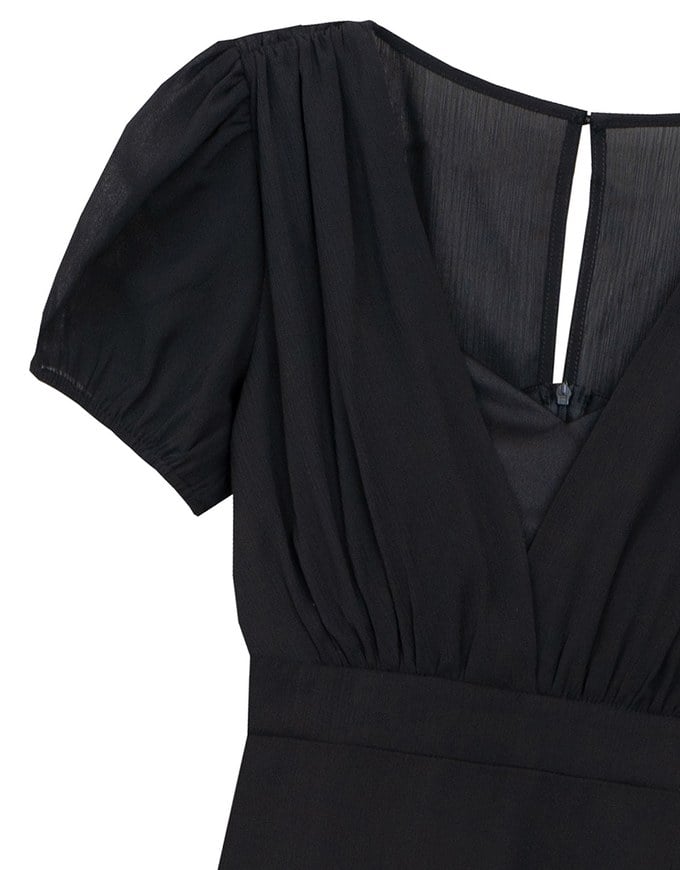 V Neck Sheer Puff Sleeve Padded Maxi Dress with Draped Asymmetrical Hemline