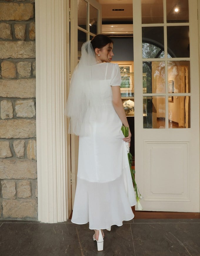 V Neck Sheer Puff Sleeve Padded Maxi Dress with Draped Asymmetrical Hemline