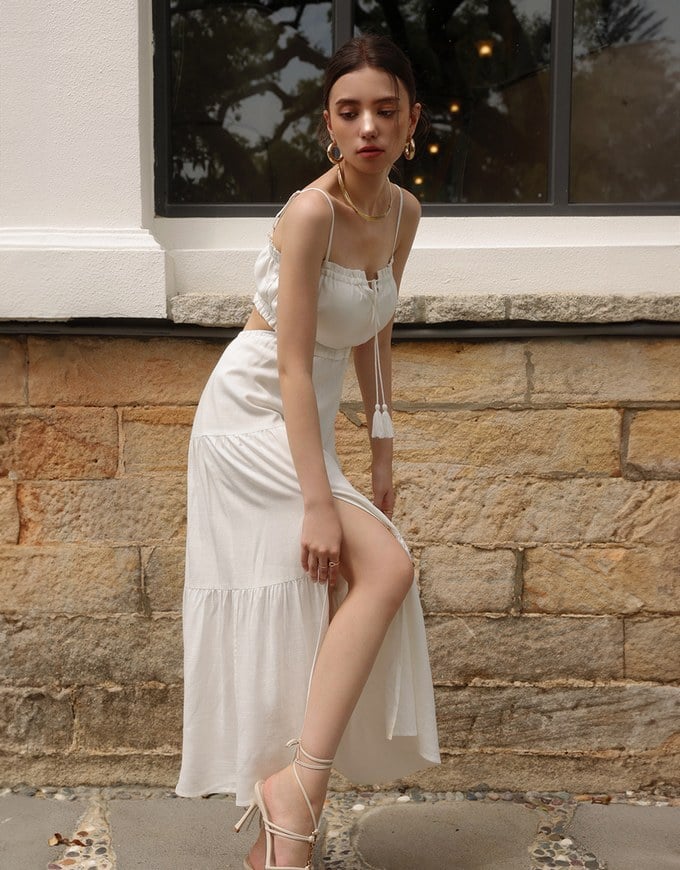 Spaghetti Strap Tassel Front Padded Maxi Dress Featuring Waist Cutouts