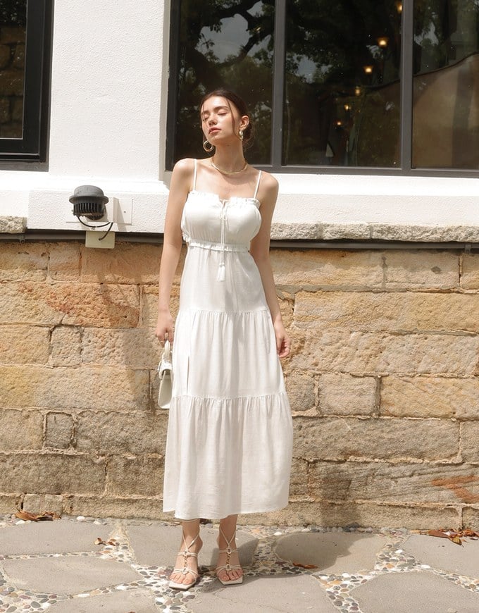 Spaghetti Strap Tassel Front Padded Maxi Dress Featuring Waist Cutouts