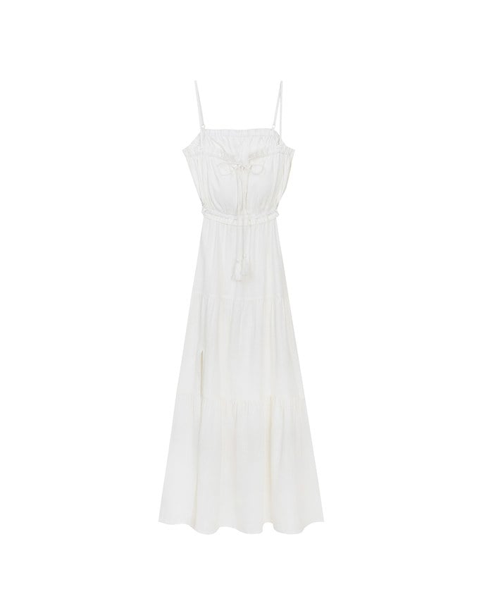 Spaghetti Strap Tassel Front Padded Maxi Dress Featuring Waist Cutouts