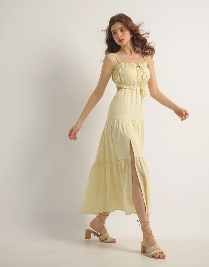 Spaghetti Strap Tassel Front Padded Maxi Dress Featuring Waist Cutouts