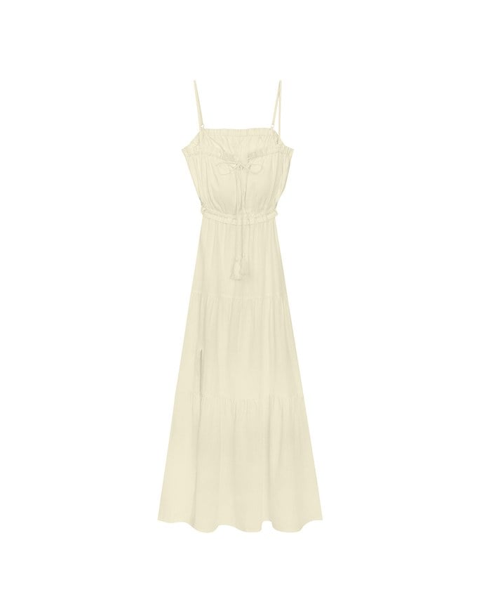 Spaghetti Strap Tassel Front Padded Maxi Dress Featuring Waist Cutouts