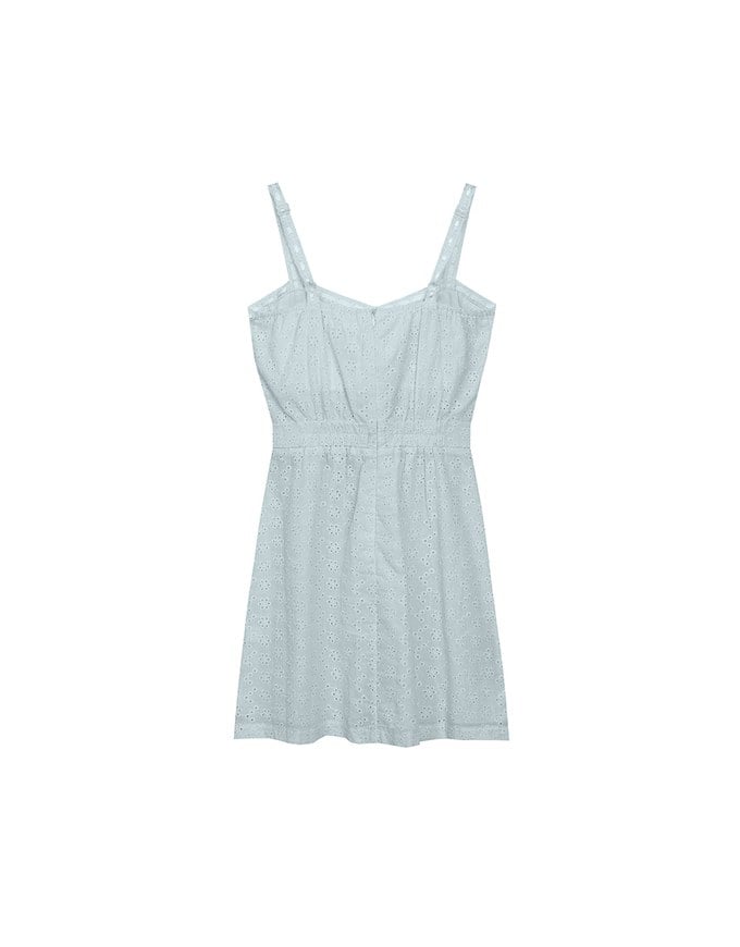 Eyelet Lace Embroidered Padded Mini Dress with Front Ribbon Detail