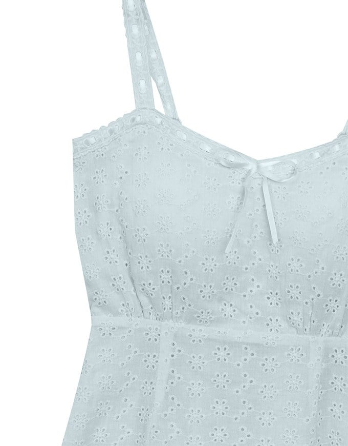 Eyelet Lace Embroidered Padded Mini Dress with Front Ribbon Detail