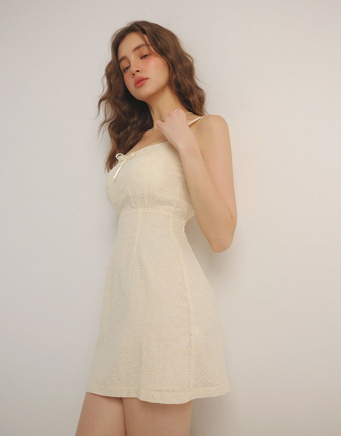 Eyelet Lace Embroidered Padded Mini Dress with Front Ribbon Detail