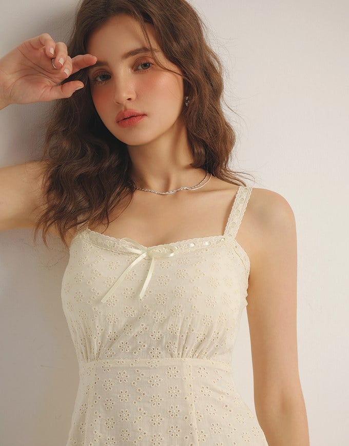 Eyelet Lace Embroidered Padded Mini Dress with Front Ribbon Detail