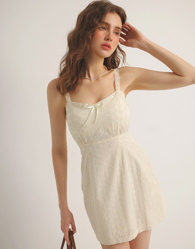 Eyelet Lace Embroidered Padded Mini Dress with Front Ribbon Detail