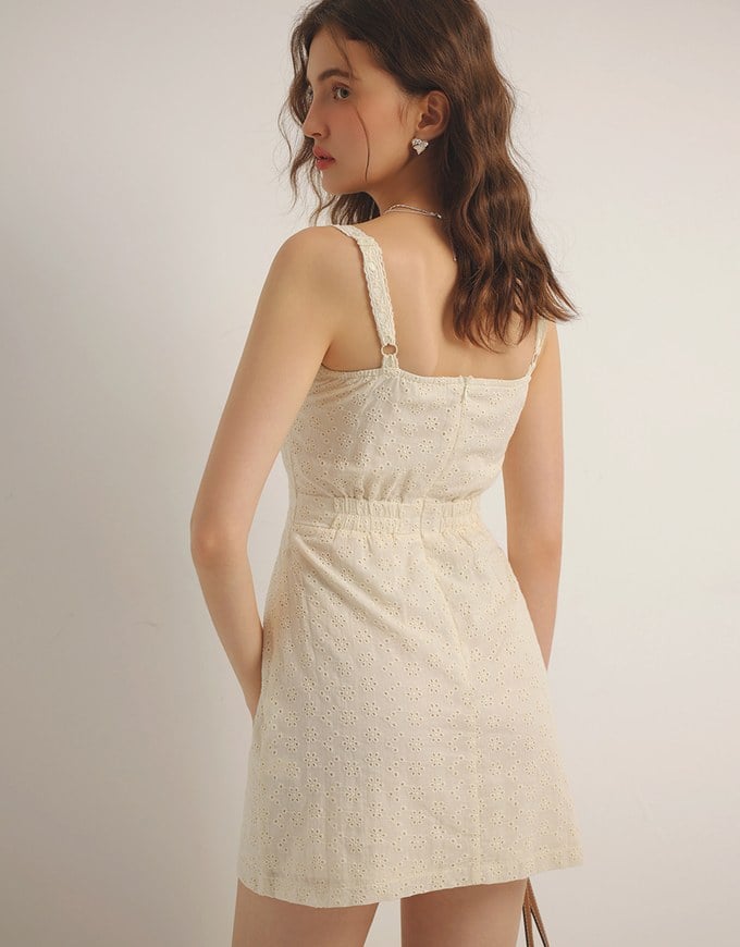 Eyelet Lace Embroidered Padded Mini Dress with Front Ribbon Detail