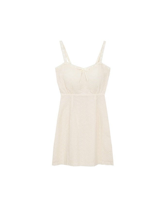 Eyelet Lace Embroidered Padded Mini Dress with Front Ribbon Detail