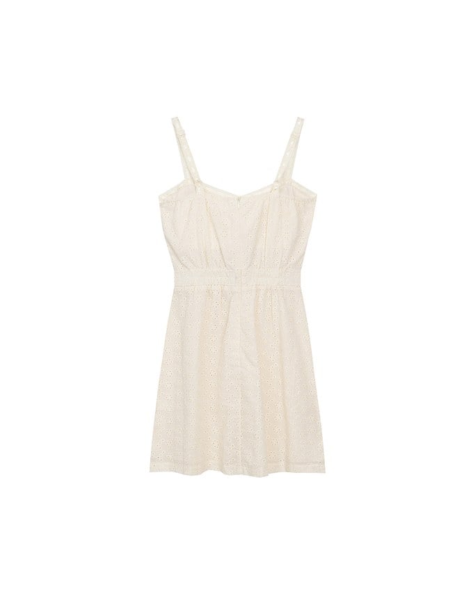 Eyelet Lace Embroidered Padded Mini Dress with Front Ribbon Detail