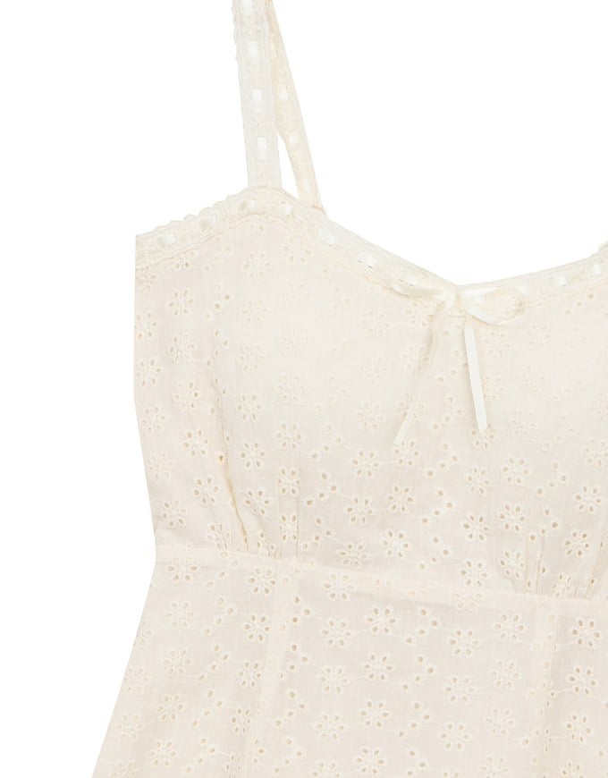 Eyelet Lace Embroidered Padded Mini Dress with Front Ribbon Detail