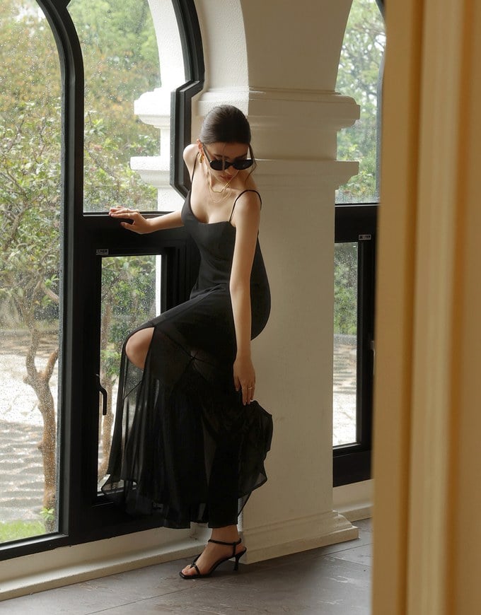 Satin Spaghetti Strap Padded Maxi Dress with Sheer Panel Flare Hem