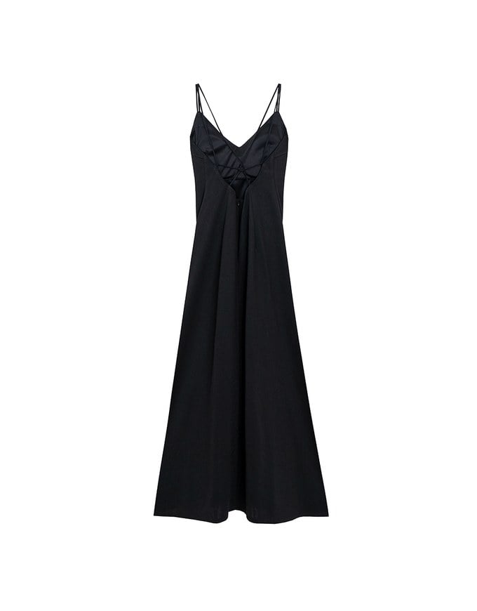 Satin Spaghetti Strap Padded Maxi Dress with Sheer Panel Flare Hem