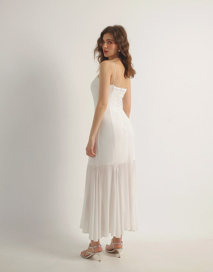 Satin Spaghetti Strap Padded Maxi Dress with Sheer Panel Flare Hem