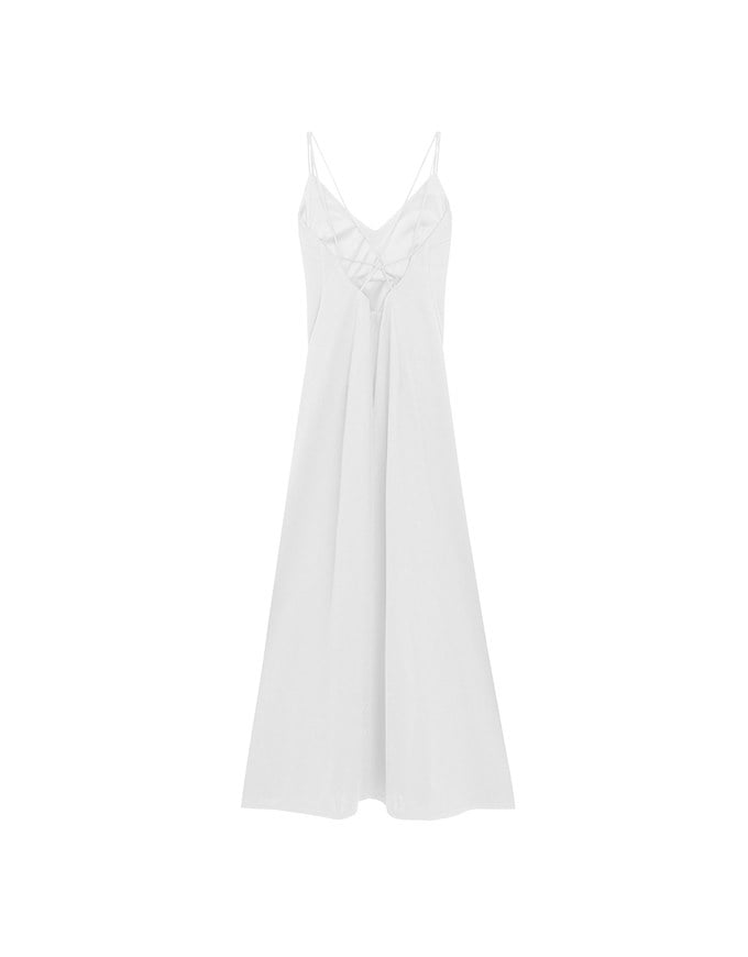 Satin Spaghetti Strap Padded Maxi Dress with Sheer Panel Flare Hem