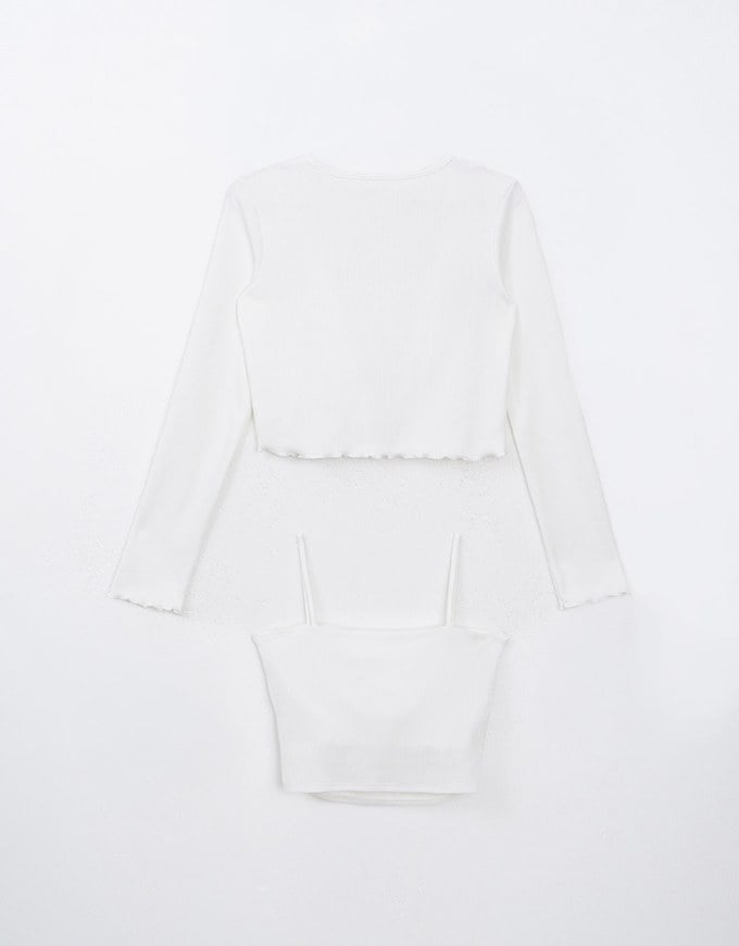 Ruffled Open Front Cardigan and Ruched Cami Padded Top Set Wear