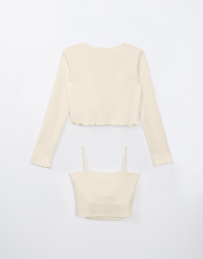 Ruffled Open Front Cardigan and Ruched Cami Padded Top Set Wear
