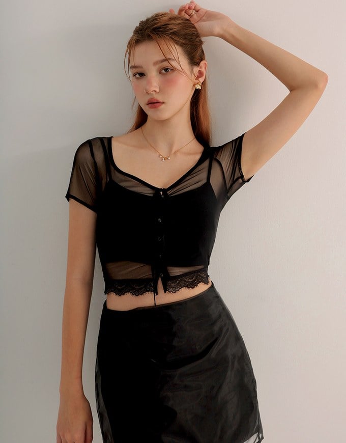Lace Trimmed Sheer Mesh Outer Top with Front Tie Detail and Solid Spaghetti Strap Cami Padded Top Set Wear