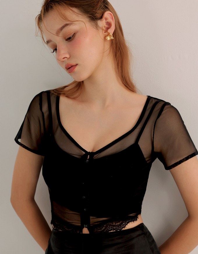 Lace Trimmed Sheer Mesh Outer Top with Front Tie Detail and Solid Spaghetti Strap Cami Padded Top Set Wear