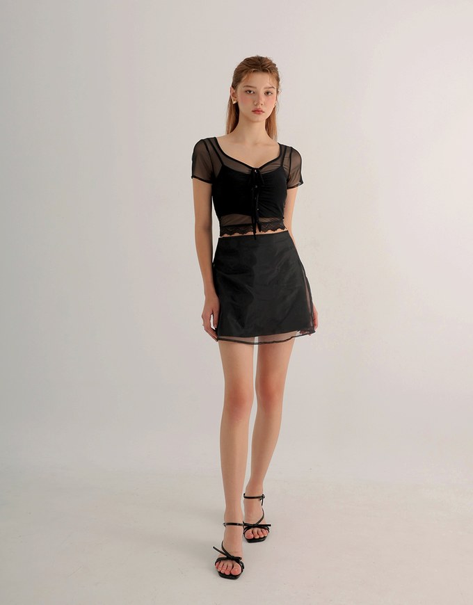 Lace Trimmed Sheer Mesh Outer Top with Front Tie Detail and Solid Spaghetti Strap Cami Padded Top Set Wear