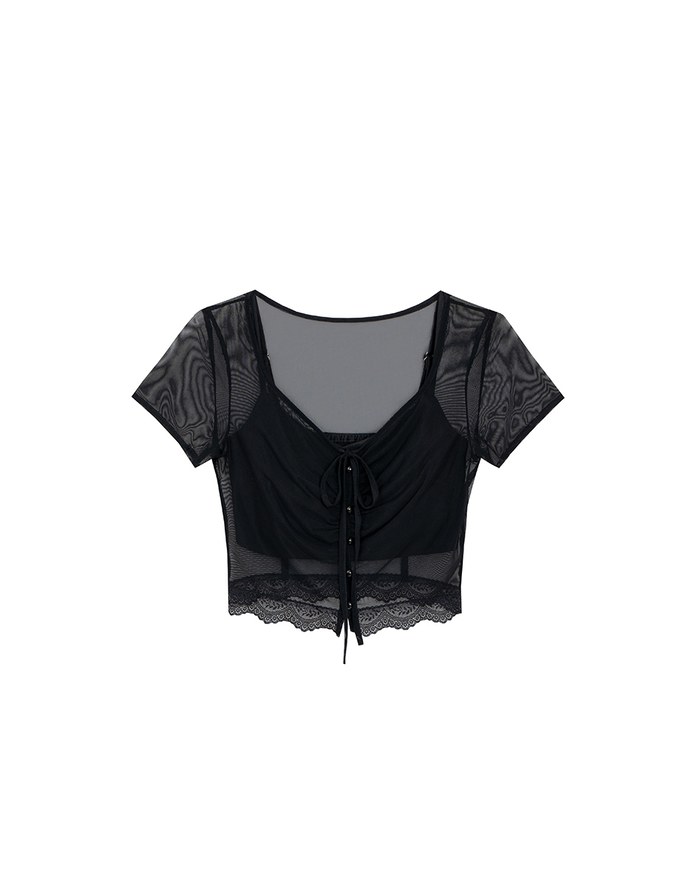 Lace Trimmed Sheer Mesh Outer Top with Front Tie Detail and Solid Spaghetti Strap Cami Padded Top Set Wear
