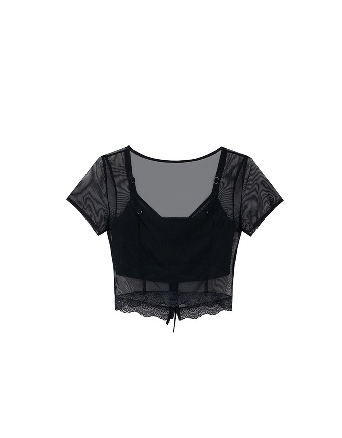 Lace Trimmed Sheer Mesh Outer Top with Front Tie Detail and Solid Spaghetti Strap Cami Padded Top Set Wear