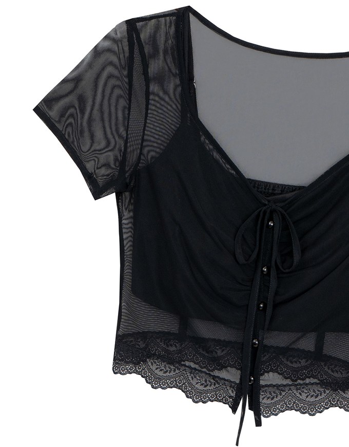 Lace Trimmed Sheer Mesh Outer Top with Front Tie Detail and Solid Spaghetti Strap Cami Padded Top Set Wear