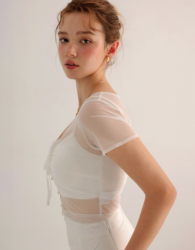 Lace Trimmed Sheer Mesh Outer Top with Front Tie Detail and Solid Spaghetti Strap Cami Padded Top Set Wear