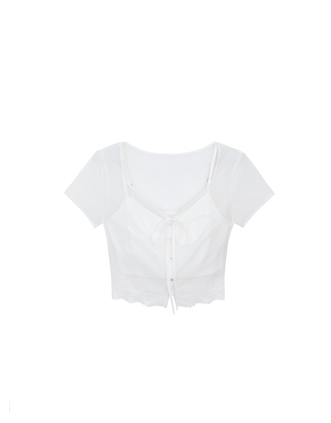 Lace Trimmed Sheer Mesh Outer Top with Front Tie Detail and Solid Spaghetti Strap Cami Padded Top Set Wear