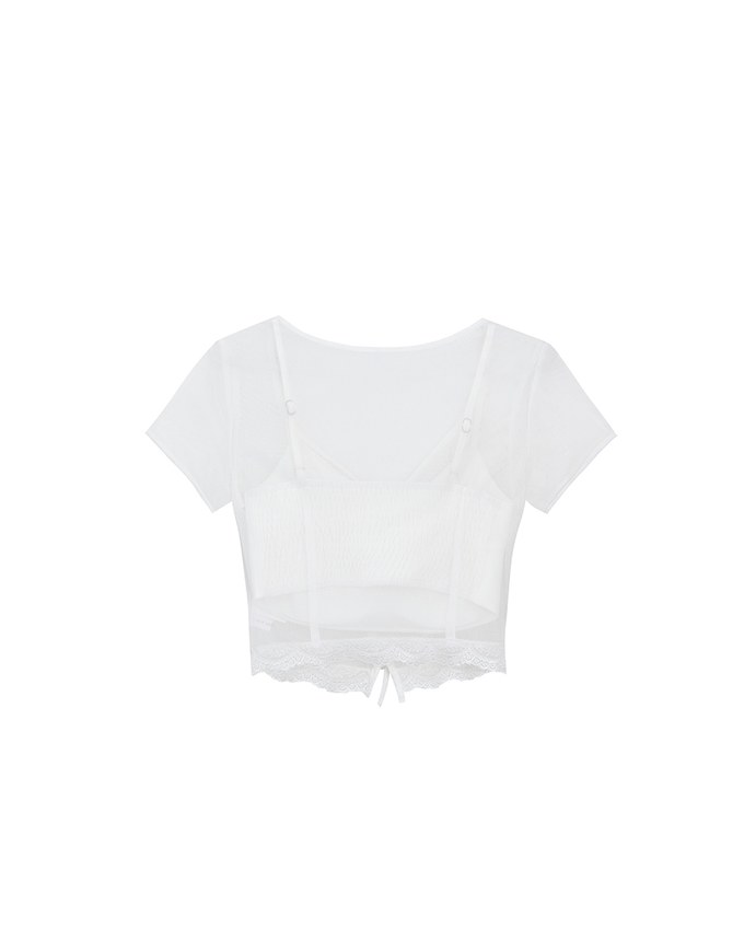 Lace Trimmed Sheer Mesh Outer Top with Front Tie Detail and Solid Spaghetti Strap Cami Padded Top Set Wear