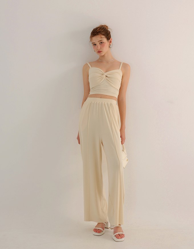 Twist Front V Neck Spaghetti Cami Top and Elastic Waist Relaxed Pants Setwear